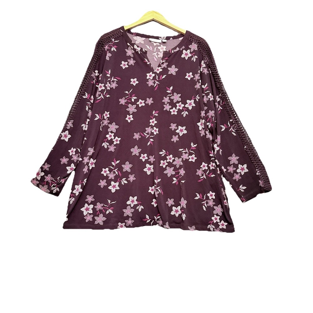 Susan Graver 3X Liquid Knit Crochet Slv Stretch Plum Floral Tunic Top Flowy